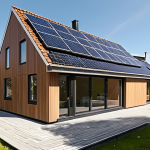 **Prompt:** A modern house seamlessly integrated with solar panels on its roof and walls, blending sustainability with attractive aesthetics. The house is set in a typical Dutch neighborhood.
