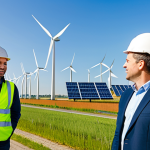 A diverse group of adult professionals, including engineers, project managers, and urban planners, standing confidently in a modern Dutch landscape. In the background, large wind turbines are visible, along with solar panels on rooftops of energy-efficient new build neighborhoods. They are fully clothed in professional business attire and appropriate safety gear where applicable, conveying economic growth and innovation in the green sector. Natural pose, perfect anatomy, correct proportions, well-formed hands, proper finger count, natural body proportions, professional photography, high quality, safe for work, appropriate content, fully clothed, professional, modest.