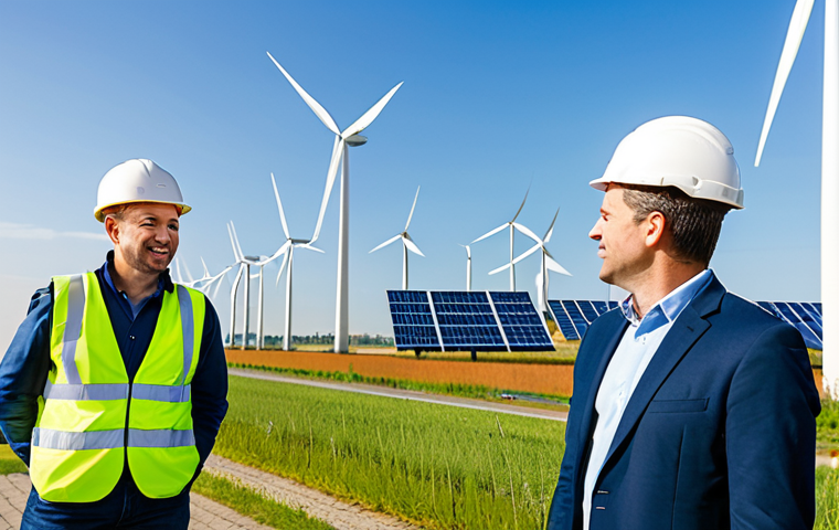 A diverse group of adult professionals, including engineers, project managers, and urban planners, standing confidently in a modern Dutch landscape. In the background, large wind turbines are visible, along with solar panels on rooftops of energy-efficient new build neighborhoods. They are fully clothed in professional business attire and appropriate safety gear where applicable, conveying economic growth and innovation in the green sector. Natural pose, perfect anatomy, correct proportions, well-formed hands, proper finger count, natural body proportions, professional photography, high quality, safe for work, appropriate content, fully clothed, professional, modest.